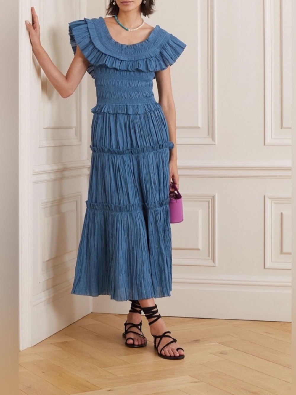 Sea New York Blue Ruffled Shirred Maxi Skirt